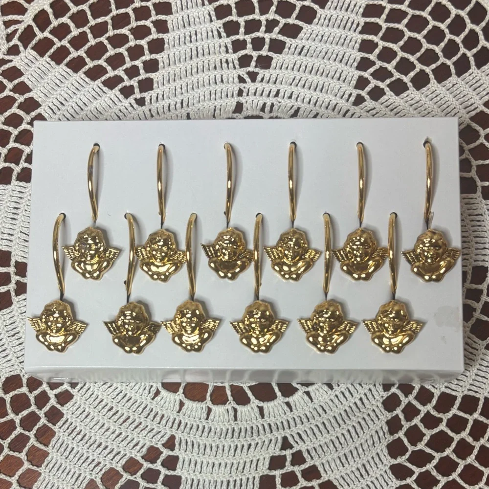 Vintage Shower Curtain Rings Victorian Cherub Angel Gold Brass Hook Set of 12